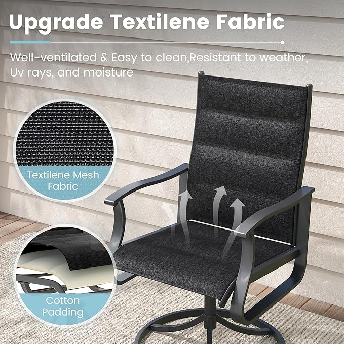 Patio Swivel Chairs Set of 6, Outdoor Dining Chairs with High Back, 360° Swivel Rocker Chair in All-Weather Padded Textilene & Metal Frame for Garden, Porch, Backyard, Balcony(Padded Black)