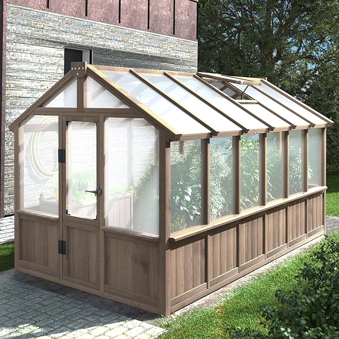Mupater 6 x 12 FT Wooden Polycarbonate Greenhouse, Outdoor Green House Kit with Ventilated Window and Lockable Door, Walk-in Greenhouse for Backyard, Patio
