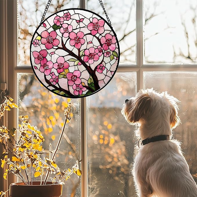 Stained Glass Window Hanging - Cherry Blossoms Birth Flower Suncatcher for Door Garden Patio Sun Catchers Decor Christmas Mother's Day Birthday Gifts for Women Mom Nana Friend Wife 9.8 in