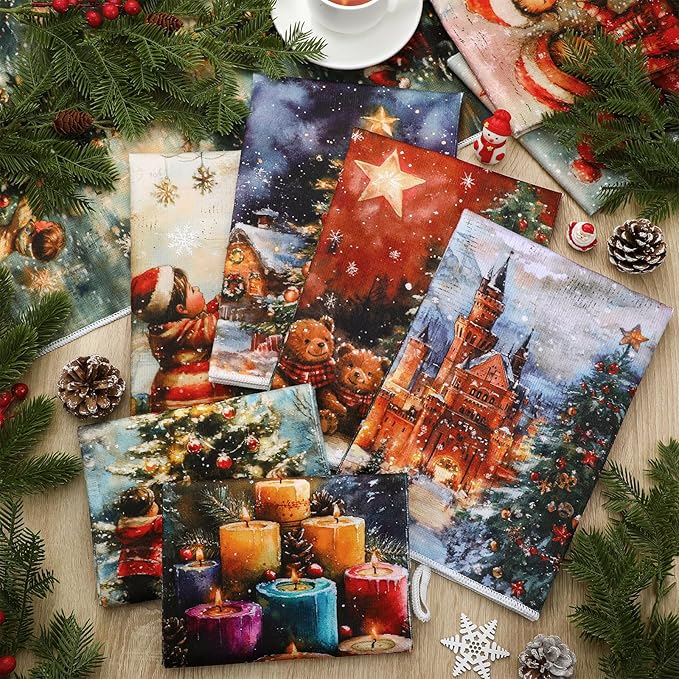 Bencailor 16 Pcs Christmas Kitchen Towels Xmas Holiday Hand Dish Towels Vintage Bear Tea Dishcloths for Christmas Holiday Kitchen Bathroom Home Decor Gifts, 16 x 24 Inch