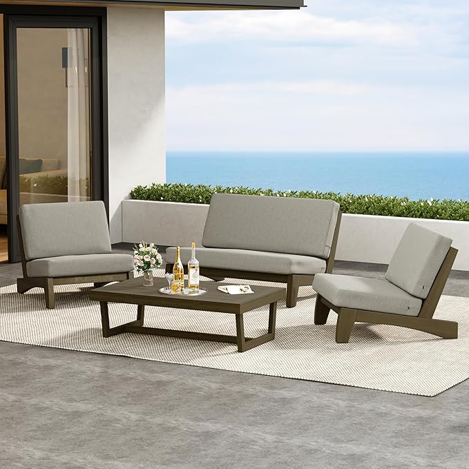 4 Piece Outdoor Wood Bistro Set, Wooden Conversation Patio Coffee Table and Chairs Furniture Set with Patio Loveseat for Porch Balcony Deck Backyard