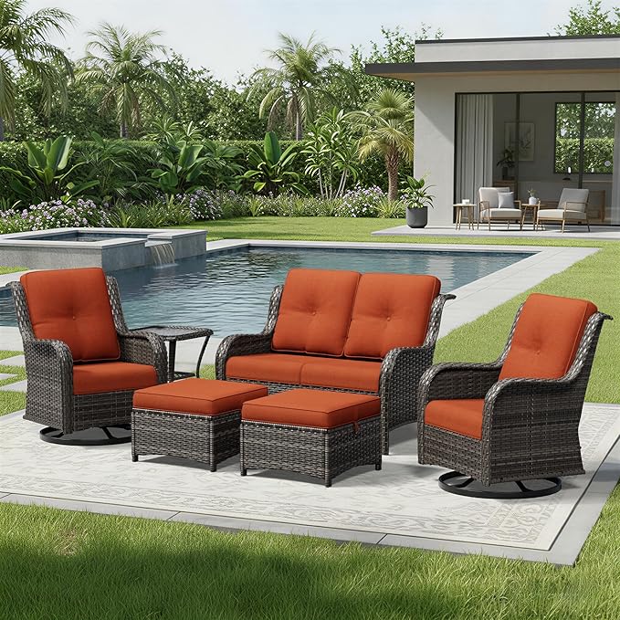 Joyside 6 Piece Wicker Patio Furniture Set, Outdoor Swivel Rocker Patio Chairs with High Back, Deep Seating, Wide Armrest, Thickened Cushions, Outdoor Furniture for Deck, Porch Use