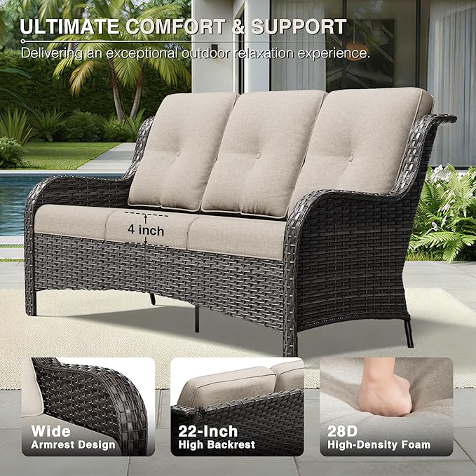 Joyside 4 Piece Wicker Patio Furniture Set with Fire Pit Table, Outdoor Swivel Rocker Patio Chairs with High Back, Deep Seating, Wide Armrest, Thickened Cushions, Outdoor Furniture for Deck, Porch Use