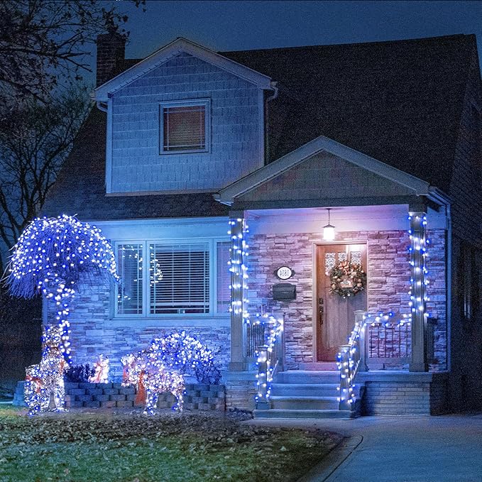 Blue White Christmas Lights Outdoor 400 LED Christmas Tree Lights 8 Modes Clear Wire, 131ft Plug in Waterproof Twinkle Fairy Lights for Indoor Outside Bedroom Party Xmas Halloween Decorations