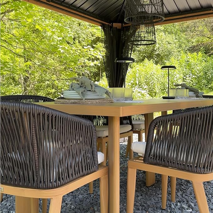 PURPLE LEAF 2 Pieces Outdoor Dining Chair All-Weather Wicker Aluminum Frame Patio Dining Chair for Lawn Garden Backyard Deck with Cushion, Teak Armchair