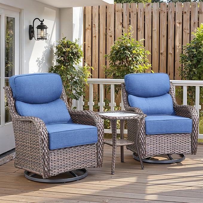 Belord Luxury 6" Thick Cushioned Outdoor Swivel Rocker Patio Chairs with Side Table, High Back Wicker Furniture Set with Ergonomic Zone Back, Conversation Glider Set for Deck Porch - Brown+Blue