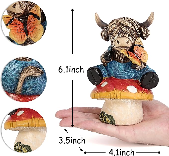 Leekung Highland Cow Garden Statue Decor - Outdoor and Indoor Decorations,Highland Cow Figurine Sitting on Mushroom for Shelf Bookshelf windowsill Table Desk Lawn Patio Yard Outside Home, Animal