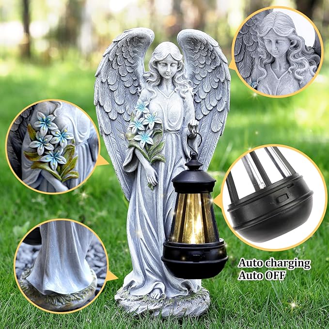 VChymm Solar Angel Outdoor Garden Decor Statues – 13.2 inches Solar Outdoor Sculptures for Outside Yard Art Patio Balcony Front Lawn Ornaments Gifts for Mom Grandma Women
