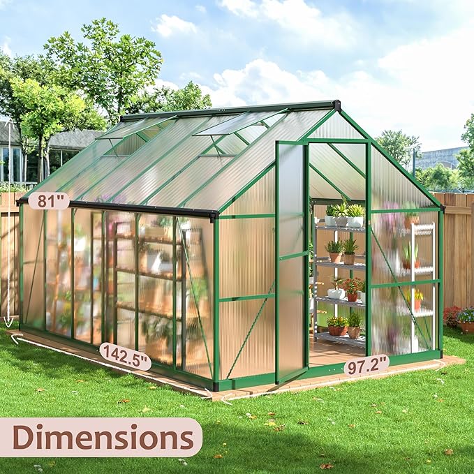 8x12 FT Greenhouse for Outdoors, Quick Setup Polycarbonate Greenhouse for Outside with Roof Vent, Aluminum Large Walk-in Green House for Garden Backyard, Green