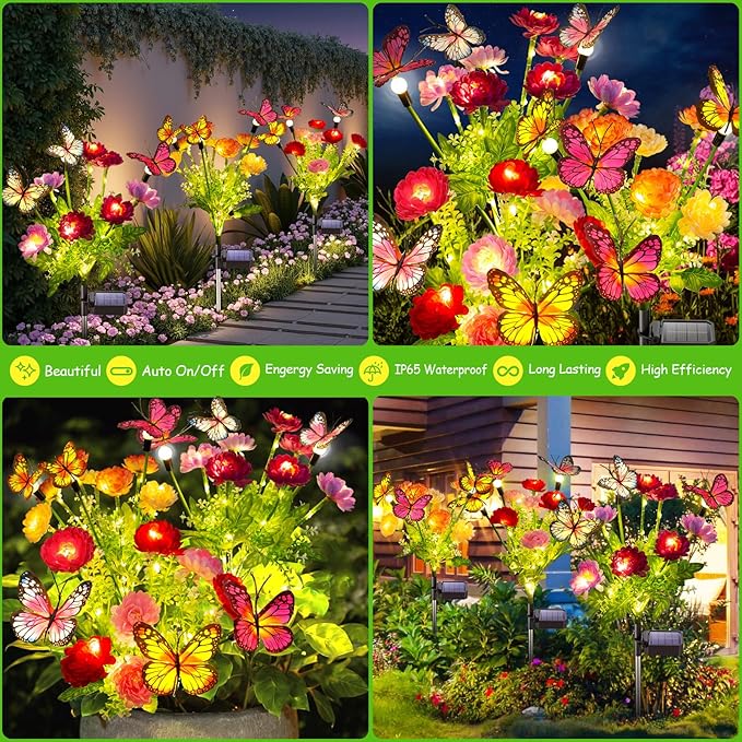 GARPAR Solar Garden Lights, 6 Pack Swaying Solar Lights with 18 Butterflies & 42 Blooming Flowers, Solar Flowers Lights Outdoor Waterproof, Solar Outdoor Lights for Yard Patio Garden Decor, Gift