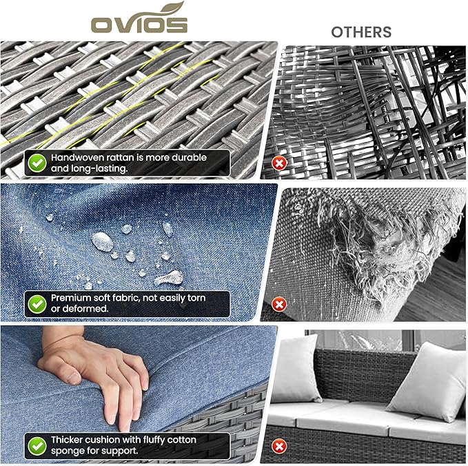 ovios 5 Pieces Patio Furniture Set, Outdoor Wicker Sofa Couch with Swivel Chairs Solar Lights Table, High Back Modern All Weather Conversation Sets, Grey Rattan, Denim Blue