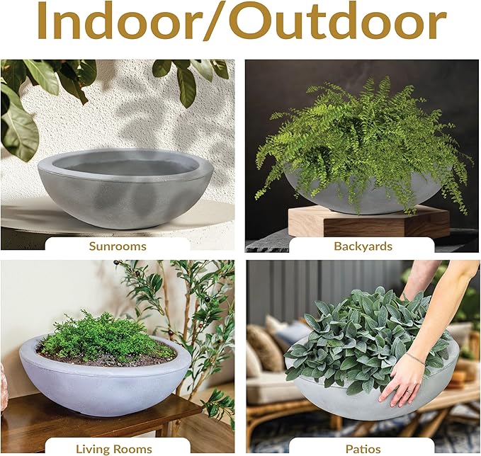 Sunnydaze Percival 20.75" Shallow Outdoor Planter Bowl for Flowers and Succulents - Polyresin Double-Walled Design - Gray