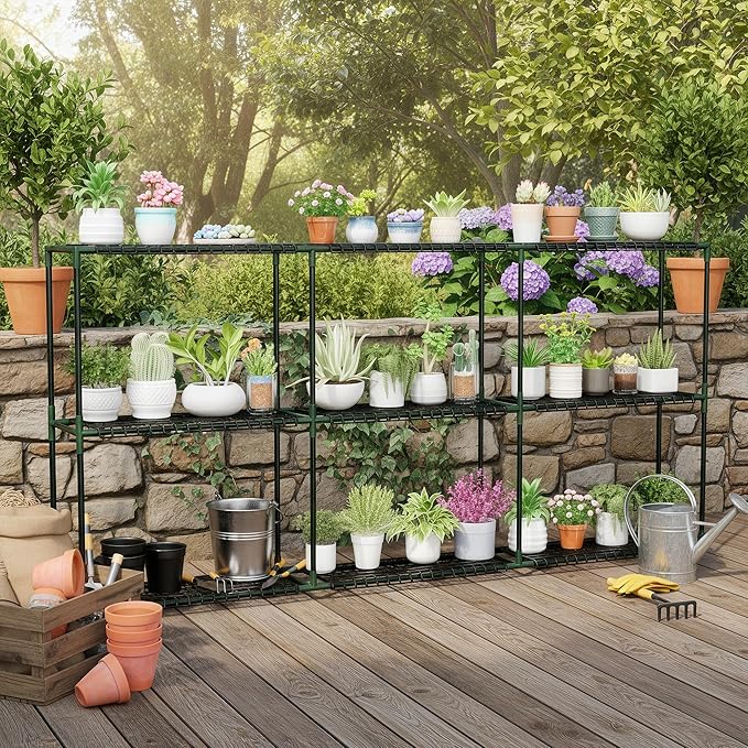 Joyside Outdoor Plant Shelves, 3 Tier 1 Pack Metal Extra-Long Stable Greenhouse Shelving for Home, 97x12x45 Inch Portable Plant Shelf Greenhouse Accessories