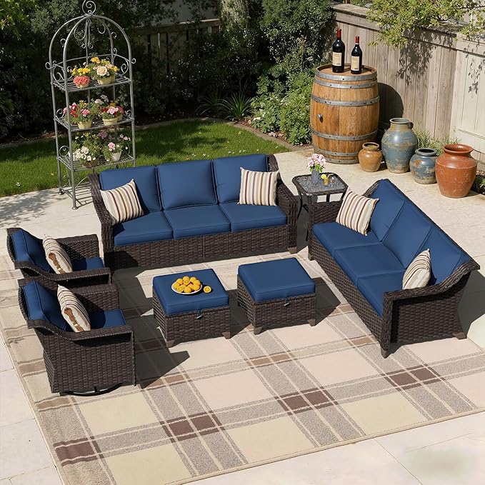 7 Pieces Patio Conversation Furniture Set - 2 Sofas, 2 Ottomans, 2 Swivel Chairs, 1 Side Table, Outdoor Wicker Furniture with Removable Cushions for Porch, Balcony, Sunroom (Blue)