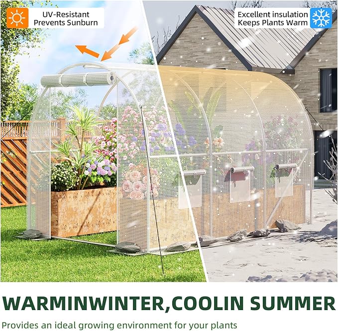 Superlele Heavy Duty Walk-in Greenhouse for Outdoor, 10x6.6x6.6FT Tunnel Greenhouse, Large Garden Green House with Reinforced PE Mesh Cover, 6 Windows with Screen, Stakes and Ropes, White