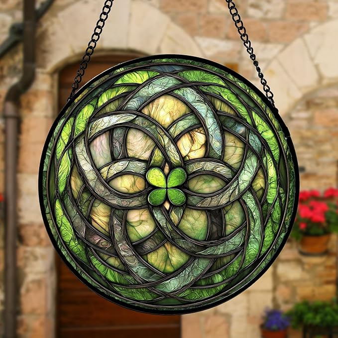 DASTOLL Stained Glass Window Hanging, Abstract Green Clover Sun Catchers Colorful Glass Panel Bless Suncatcher Decor for Birthday for Women, Men, Wife, Aunt, and Mom 11.8x11.8 in