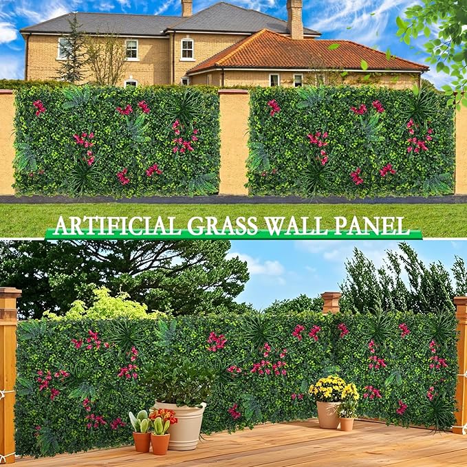 Yangrass Artificial Boxwood Wall Panels, 20''x20'' 8pcs Grass Wall Panels with Mint Plant Leaves, Greenery Backdrop Privacy Screen with UV Protection, Green Grass Wall for Garden Indoor Outdoor Decor