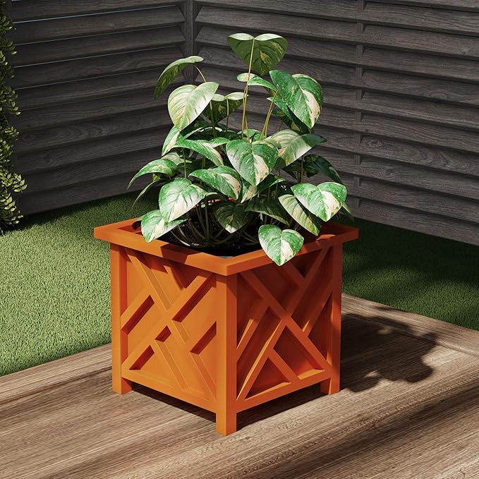 Lattice Design Planter Box - 14.75-Inch-Square Decorative Outdoor Flower or Plant Pot - Front Porch, Patio, and Garden Decor by Pure Garden (Terracotta)