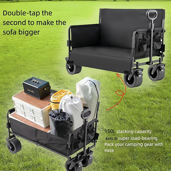 Wagon Foldable Cart Convert to Bench, Collapsible Heavy Duty Cart with Wheels, All Terrain Camping, Utility Grocery Wagon for Beach, Shopping, Garden, Sports and Fishing (LY008-BLACK)