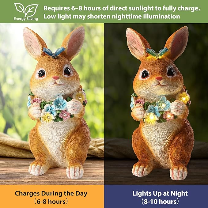 ZhiYo-GD Solar Garden Statues Outdoor Decor, Rabbit Statue with Butterfly & Flowers, Yard Decoration with 6 LED Lights for Patio, Balcony, Backyard, and Lawn, Unique Gift for Mom, Grandma Christmas