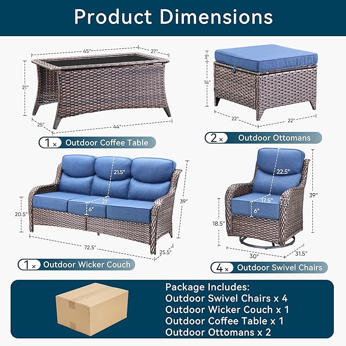 Luxury High Back Outdoor Furniture with 6-Inch Thick Cushions, Patio Furniture Set with Swivel Chairs, 8 PCS Wicker Conversation Set for Porch, Balcony, Deck and Yard