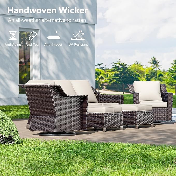 5 Pieces Wicker Patio Furniture, Luxury Outdoor Furniture with 2 Patio Swivel Chair, 2 Patio Ottoman and 1 Side Table, Wide Armrest, Thickened Cushions, Ideal for Deck, Porch Use