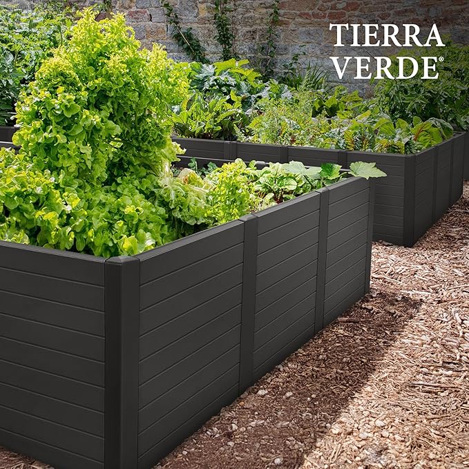 Tierra Verde 48-Inch x 48-Inch Raised Garden Bed with Tool-Free Connect System and Crafted from Recycled Materials, for Patios or Decks, Black