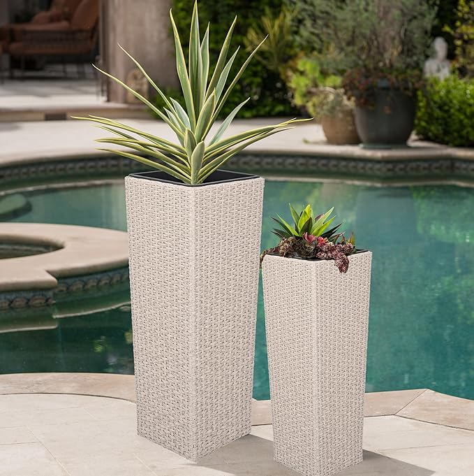 Christopher Knight Home Jorine Patio Wicker Planters Set of 2, Rattan Garden Urn, Iron Frame Flower Pots, Woven Wicker Garden Pot, 2 Plant Urns with Drainage Hole for Backyard Hall Balcony, Beige