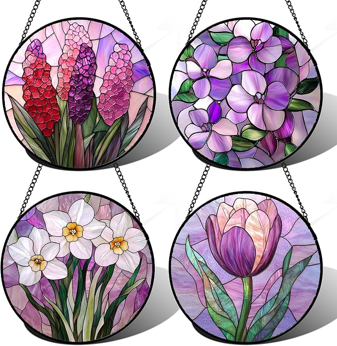 DASTOLL Stained Glass Window Hanging 4 Pcs Set Purple Flower Theme Large 11.8" - Tulip Suncatcher Door Garden Sun Catcher Decor Birthday Christmas for Plant Lovers Woman Nana Men