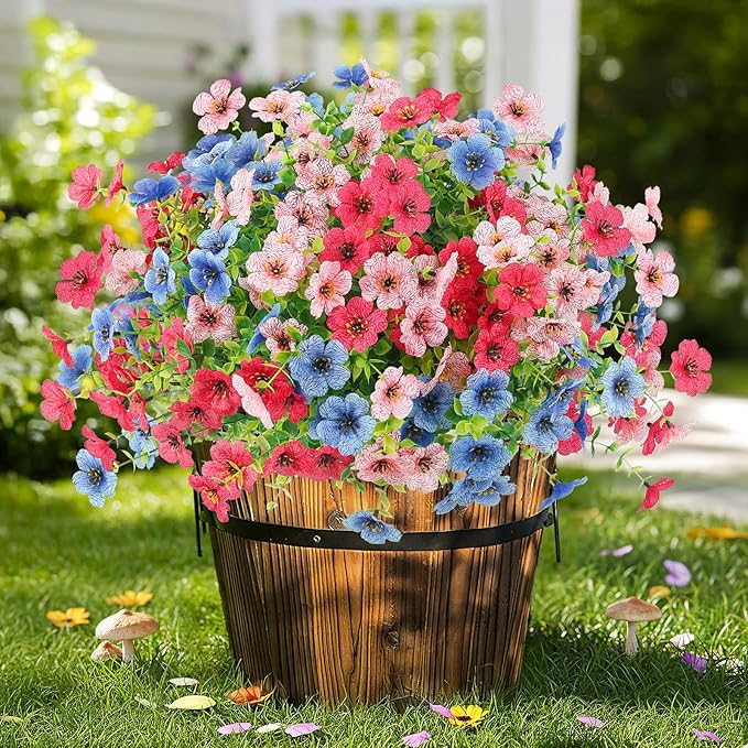 Artificial Spring Flowers Outdoors Faux Plants UV Resistant Plastic Flowers Outdoors Fake Greenery Plants Outside for Garden Porch Planters Silk Flowers Decor, 12 Bundles (Mix Rose Red Blue Pink)