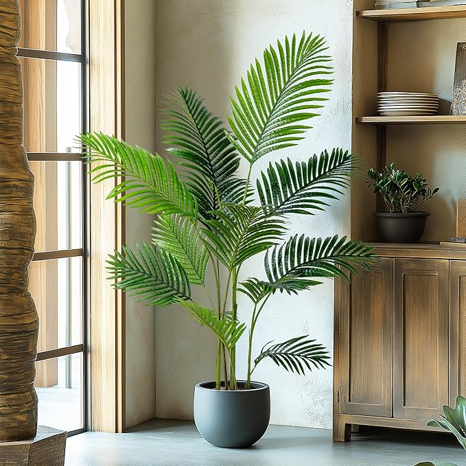 5FT Artificial Areca Palm Tree-Lifelike Palm Plant,Faux Tropical Areca Floor Plant Tall Faux Silk Large Artificial Plants for Indoor Home Living Room Corner Decor（No Planter）