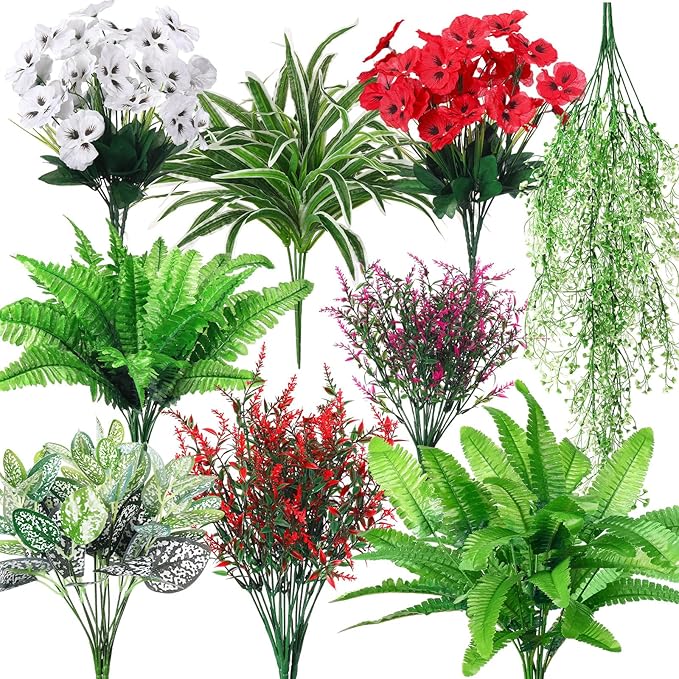 24 Pcs Outdoor Artificial Plants UV Resistant Faux Plant Fake Greenery Stems Faux Shrubs Flower for Outside Hanging Front Porch Patio Garden Window Box Home Wedding Summer Spring Decor(Green Red)