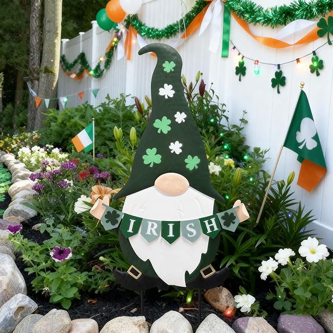 TERESA'S COLLECTIONS St. Patricks Decorations Outdoor for Home, Metal Garden Gnomes Decor Yard Stakes, Green Garden Stakes Gifts for Party, Saint Patricks Yard Signs for Outside Lawn Porch Patio, 27"