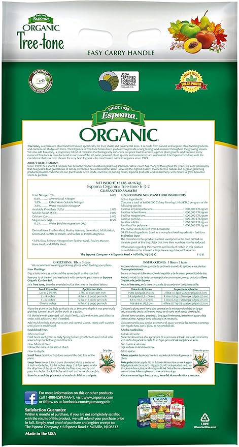 Espoma Organic Tree-Tone 6-3-2 Natural & Organic Fertilizer and Plant Food; 18 lb. Bag; Use for Fruit Trees Like Peach, Apple, & Pear, and for All Shade Trees