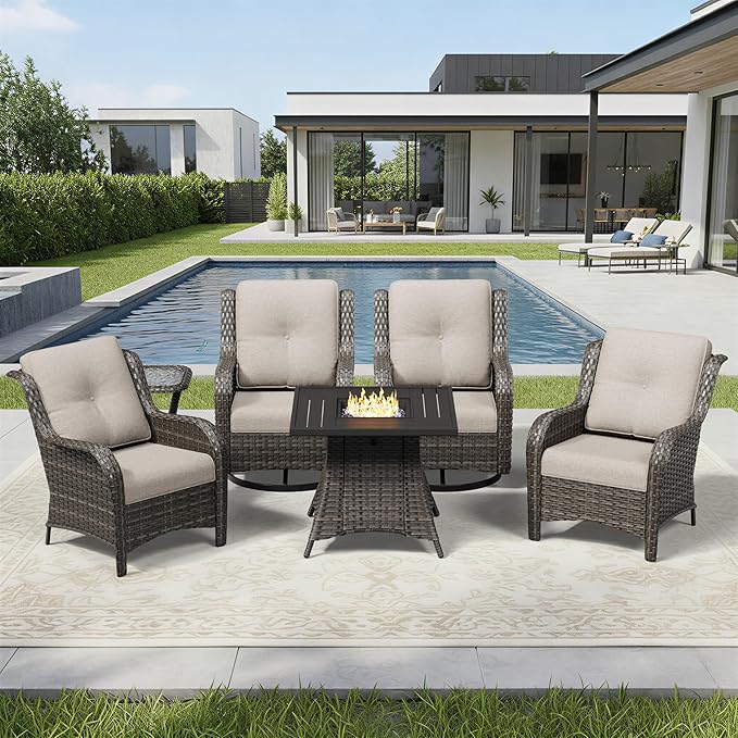 Joyside 6 Piece Wicker Patio Furniture Set with Fire Pit Table, Rattan Patio Chairs with High Back, Deep Seating, Wide Armrest, Thickened Cushions, Outdoor Furniture for Deck, Porch Use