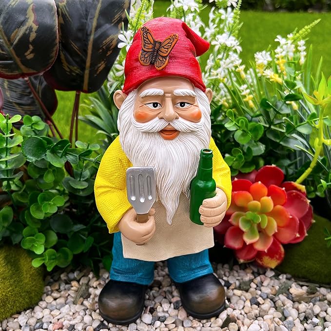 Mood Lab Garden Gnome - BBQ Chef Gnome - 9.45 Inch Tall Statue Lawn Garden Figurine - for Outdoor & House Decor