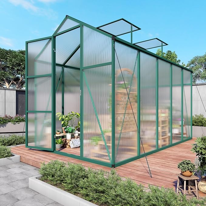 Greenhouse for Outdoors 6.1x10.1x7.2 FT, Polycarbonate Greenhouses with Roof Vent, Lockable Door and Ground Nails, Heavy-Duty Aluminum Walk-in Green House, Large Sunroom for Garden, Green