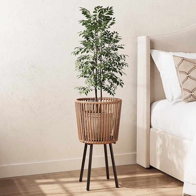 Set of 2 Rattan Plant Stand, Boho Wicker Planter Stand, Handwoven Mid Century Plant Holder for Living Room, Bedroom, Patio