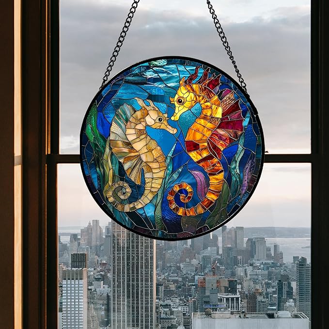 Stained Glass Window Hanging - Blue Ocean Orange Seahorse Suncatcher for Door Terrace Garden Home Decor, Marine Life Sun Catcher Birthday Gifts for Lovers Women Men Dad Mom Nana 15 in