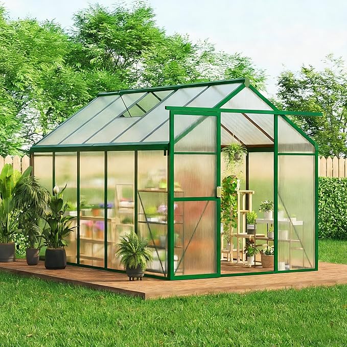 6X10 FT Greenhouse, Easy Assembly Aluminum Polycarbonate Greenhouses for Outdoors with Roof Vent, Large Aluminum Walk-in Greenhouse for Sunroom Patio, Backyard, Garden, Sliding Lockable Door, Green