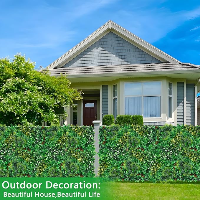 Yangrass Artificial Grass Wall Panels, 20''x20'' 6pcs Boxwood Wall Panels with Tropical Leaves, Faux Greenery Privacy Fence Screen, Grass Backdrop for Outdoor Indoor Garden Birthday Wedding Decor