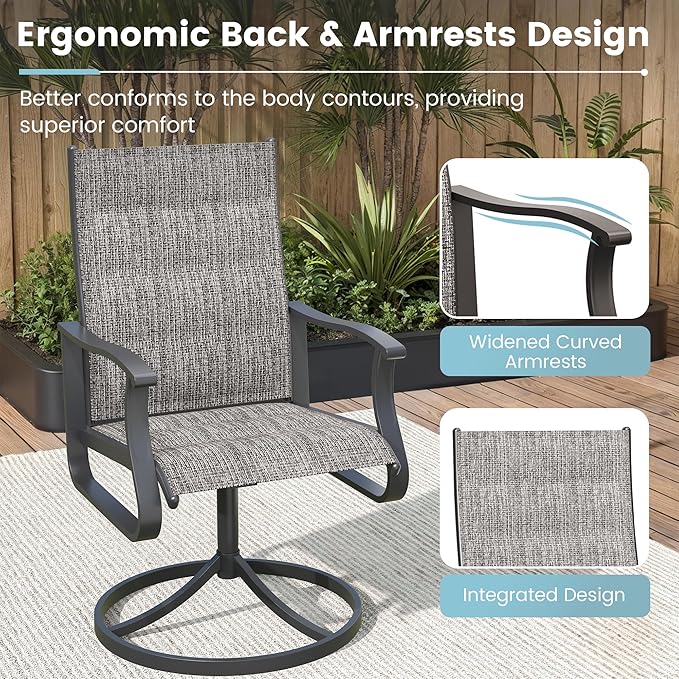 Patio Swivel Chairs Set of 2, Outdoor Dining Chairs with High Back, 360° Swivel Rocker Chair in All-Weather Padded Textilene & Metal Frame for Garden, Porch, Backyard, Balcony(Padded Grey)