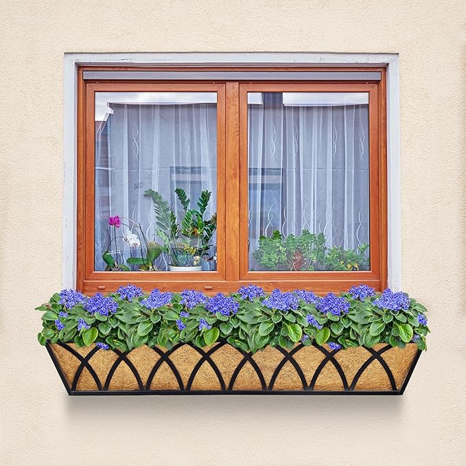 30 Inch Window Deck with Coco Liner, Fence Metal Hanging Flower Planter Window Basket Deck Railing Planter Boxes for Outdoor Garden Lawn，30" Window Boxes Horse Trough with Coconut Coir Liner, 4pcs