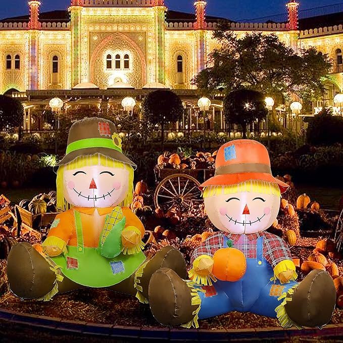 Lulu Home 3.3FT Fall Inflatable Decoration, Set of 2 Air Blown Scarecrow Couples with Built-in LED Lights for Harvest Indoor Outdoor Front Door Yard Lawn Garden Thanksgiving Decor