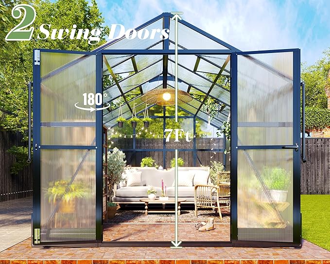 Jocisland 8x18 FT Polycarbonate Greenhouse with Quick-Connect Fittings, Walk-in Large Aluminum Sunroom with 2 Swing Doors, Winter Greenhouse for Outdoors Black