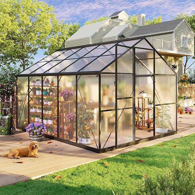 8x10FT Greenhouses for Outdoors, Polycarbonate Green House with UV Protection, Heavy Duty Greenhouse with Windproof Aluminum Frame, Roof Vent & Hygrometer for Backyard or Garden Use