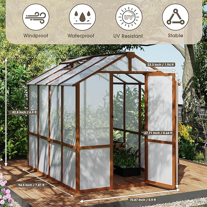 Large Walk in Greenhouse for Outdoors, 6x8 FT Length Heavy Duty Polycarbonate Panel Wooden Frame with Roof Vent & Lockable Outward-Opening Swing Door, All Season Garden Greenhouse for Backyard Patio