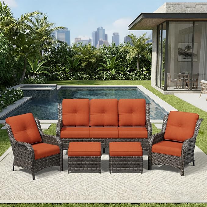 Joyside 5 Piece Wicker Patio Furniture Set, Rattan Patio Chairs with High Back, Deep Seating, Wide Armrest, Thickened Cushions, Outdoor Furniture for Deck, Porch Use