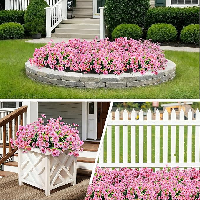 20 Bundles Artificial Flowers for Outdoors, UV Resistant Fake Flowers with Plastic Plants, Faux Silk Flower for Outdoors Planter, Fake Realistic Plant Outside Window Boxes Patio Decor-Pink