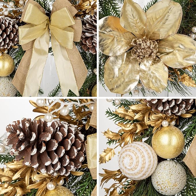 24” Champagne Christmas Wreaths for Front Door with Magnolia Fake Pearl, Christmas Door Wreath with Bow Golden Balls, Pine Needles Pine Cones for Home Wall Window Indoor Outdoor Xmas & Holiday Decor